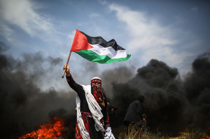 A woman raises a flag as tyres burn behind her.
